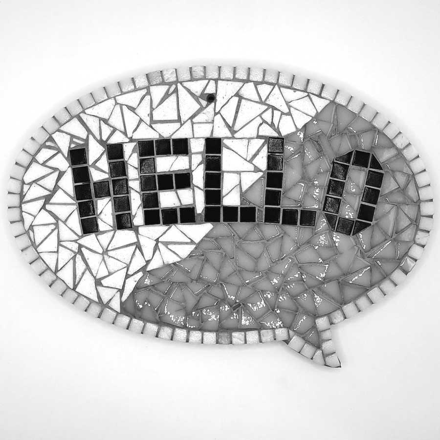 speech bubble shape with the word hello written in block text using mosaic